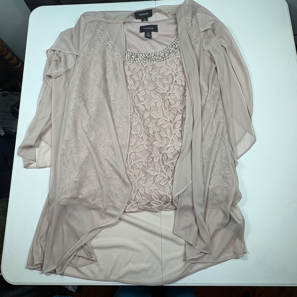 R&M Richards 2PC Mother of Bride Lace Beaded Jacket Top Set Womens 16